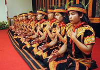 The Saman players sit on their heels or kneel, clap their hands, chests and knees, while singing verses responsively following the leader or Penangkat.