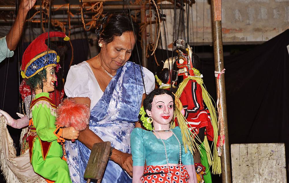 'Hanging' puppets inside backstage before a performance