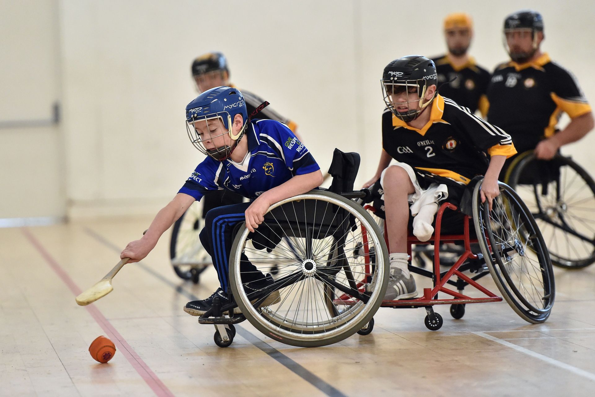 James McCarthy of Munster in action against Ruairi Haffey of Ulster during the M. Donnelly GAA Wheelchair Hurling Finals