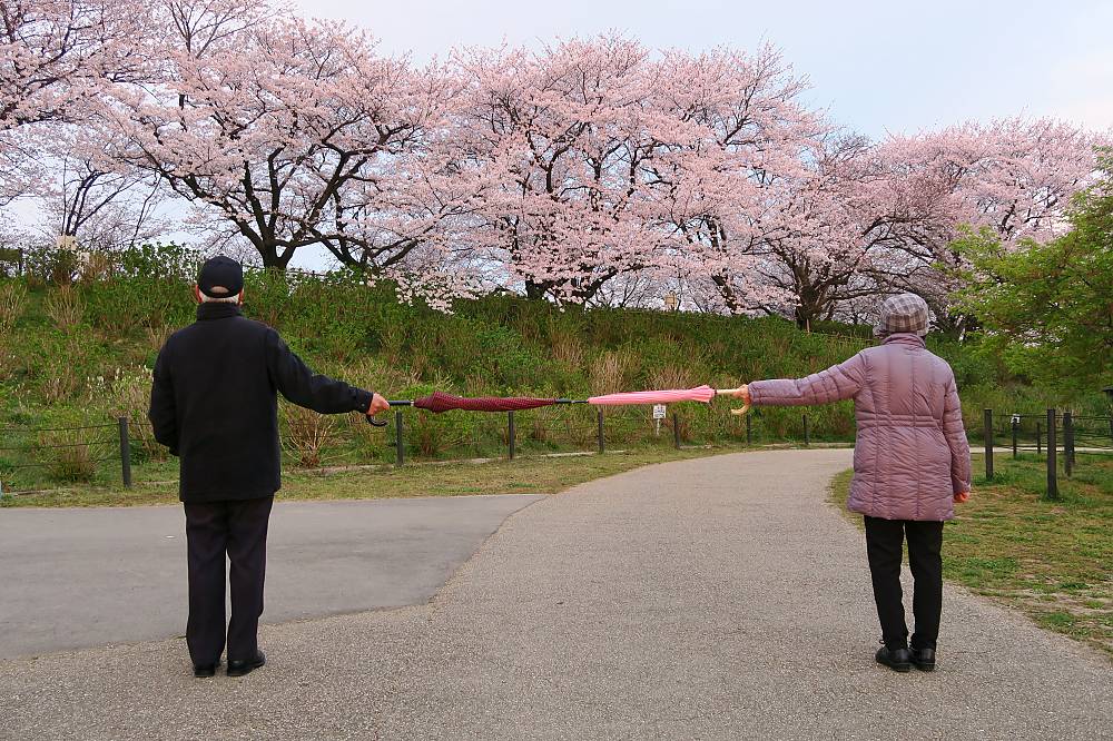 Distanciación física en Japón: Para evitar la propagación del coronavirus (COVID-19), dos personas mantienen la distancia sujetando un paraguas. Satte, Japón