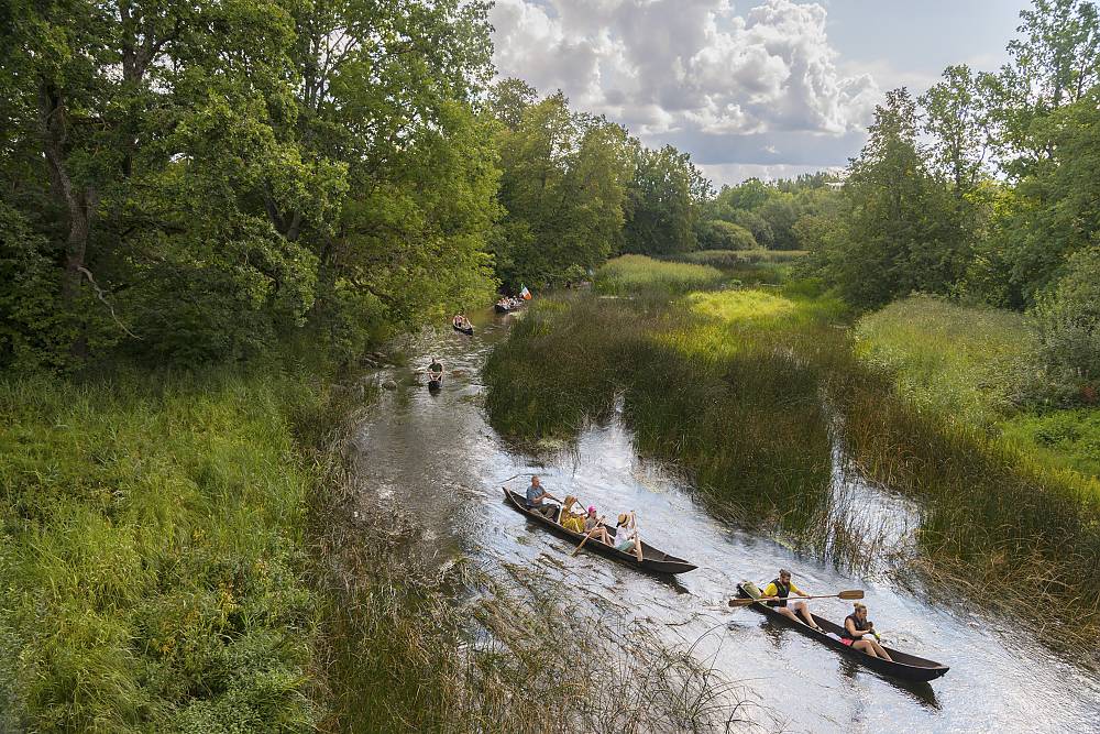 Dugout boats on Raudna River during a traditional gathering at Riisa village in Soomaa (Pärnu County, Estonia)