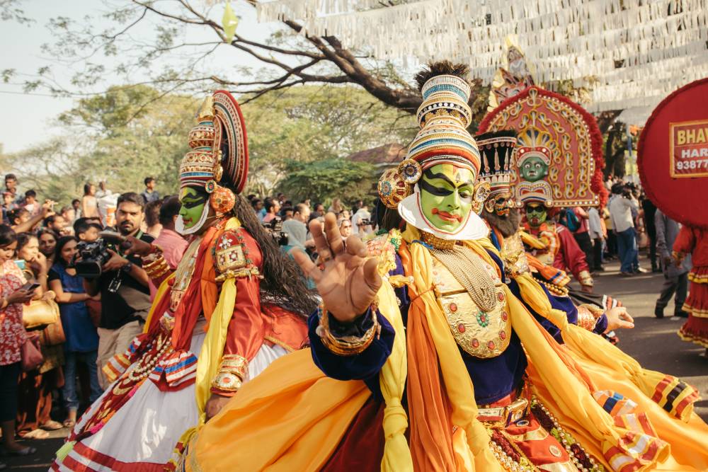 Kochi, India - January 1, 2016: Traditional Kathakali dance on New Year carnival in Fort Kochi (Cochin), Kerala, India.