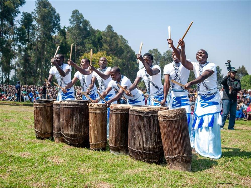 Kinigi, Rwanda - July, 2014: performers are playing rwandan traditional instruments.